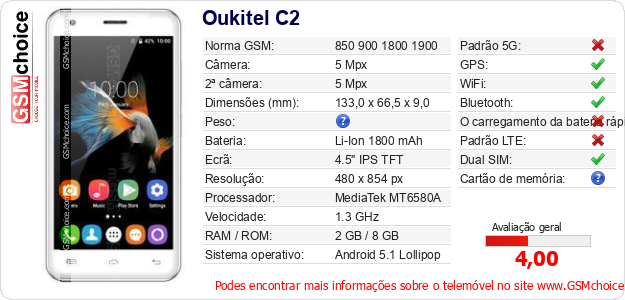 Oukitel C2 Especificações técnicas do telemóvel Oukitel C2 Especificações técnicas do telemóvel