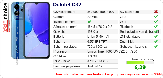Oukitel C32 Technische gegevens 
