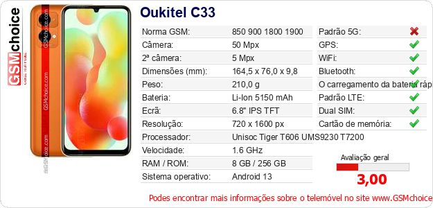 Oukitel C33 Especificações técnicas do telemóvel Oukitel C33 Especificações técnicas do telemóvel