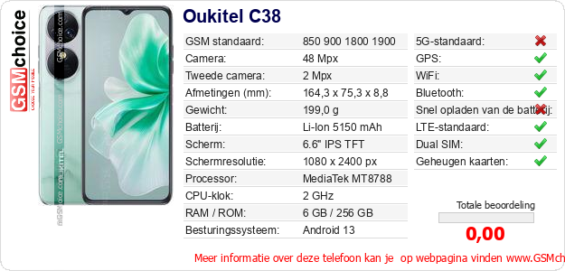 Oukitel C38 Technische gegevens Oukitel C38 Technische gegevens
