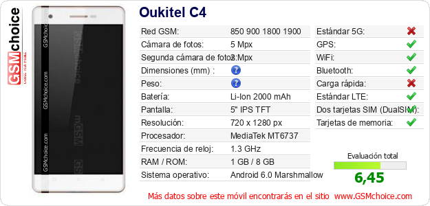 Oukitel C4 Datos técnicos del móvil 