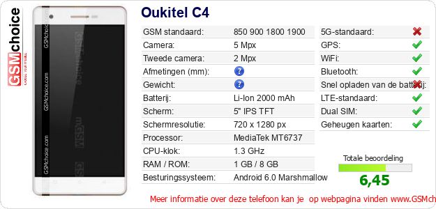 Oukitel C4 Technische gegevens Oukitel C4 Technische gegevens