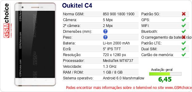 Oukitel C4 Especificações técnicas do telemóvel Oukitel C4 Especificações técnicas do telemóvel