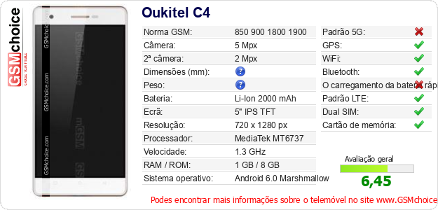 Oukitel C4 Especificações técnicas do telemóvel 