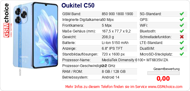 Oukitel C50 technische Daten Oukitel C50 technische Daten