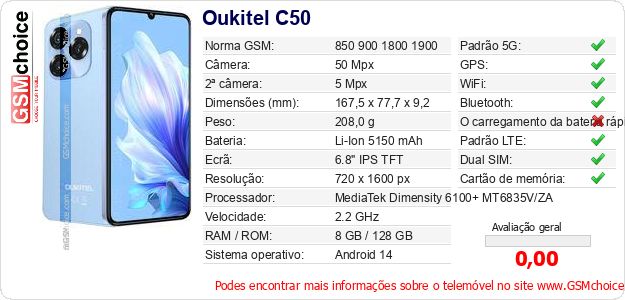 Oukitel C50 Especificações técnicas do telemóvel Oukitel C50 Especificações técnicas do telemóvel