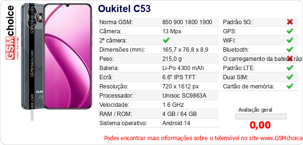 Oukitel C53 Especificações técnicas do telemóvel Oukitel C53 Especificações técnicas do telemóvel