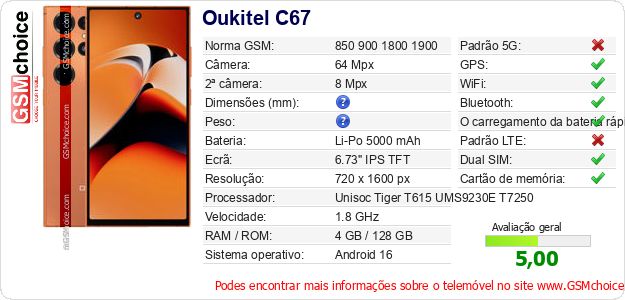 Oukitel C67 Especificações técnicas do telemóvel Oukitel C67 Especificações técnicas do telemóvel