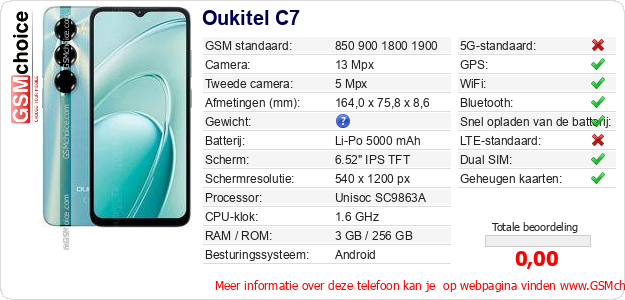 Oukitel C7 Technische gegevens Oukitel C7 Technische gegevens