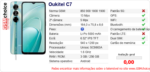 Oukitel C7 Especificações técnicas do telemóvel Oukitel C7 Especificações técnicas do telemóvel