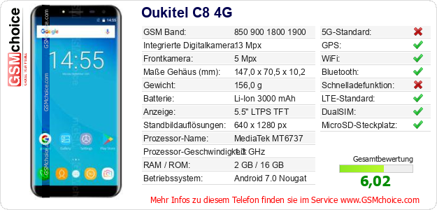 Oukitel C8 4G technische Daten Oukitel C8 4G technische Daten
