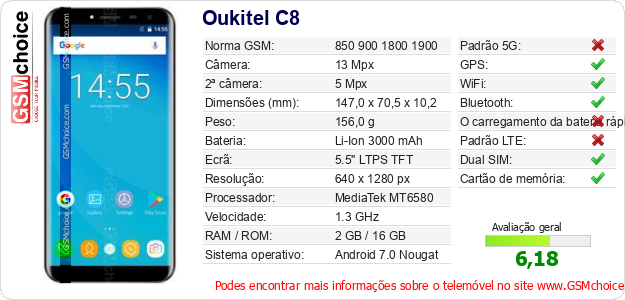 Oukitel C8 Especificações técnicas do telemóvel 