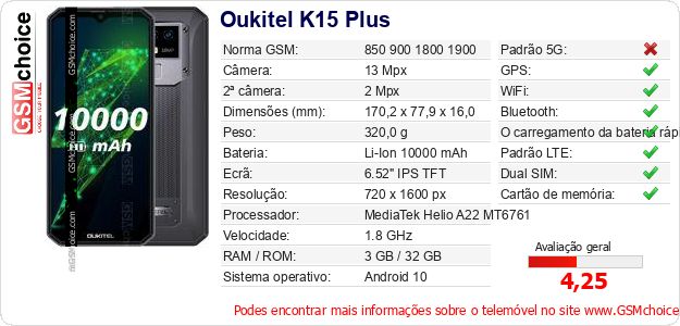 Oukitel K15 Plus Especificações técnicas do telemóvel Oukitel K15 Plus Especificações técnicas do telemóvel