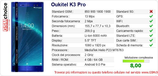 Oukitel K3 Pro Dati tecnici di telefono cellulare Oukitel K3 Pro Dati tecnici di telefono cellulare