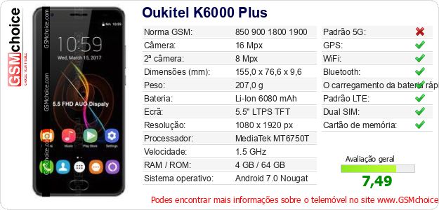 Oukitel K6000 Plus Especificações técnicas do telemóvel Oukitel K6000 Plus Especificações técnicas do telemóvel