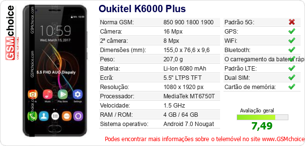 Oukitel K6000 Plus Especificações técnicas do telemóvel 