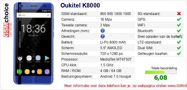 Oukitel K8000 Technische gegevens 