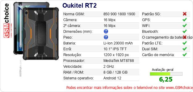 Oukitel RT2 Especificações técnicas do telemóvel Oukitel RT2 Especificações técnicas do telemóvel