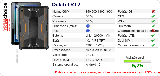 Oukitel RT2 Especificações técnicas do telemóvel Oukitel RT2 Especificações técnicas do telemóvel
