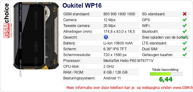 Oukitel WP16 Technische gegevens Oukitel WP16 Technische gegevens