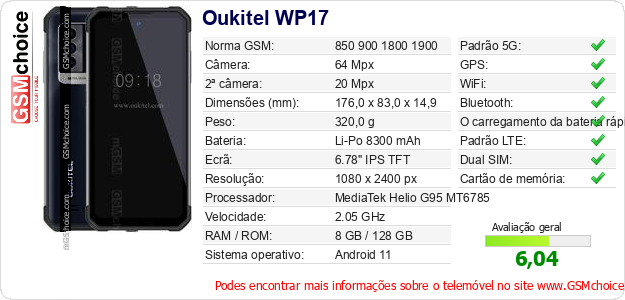 Oukitel WP17 Especificações técnicas do telemóvel Oukitel WP17 Especificações técnicas do telemóvel
