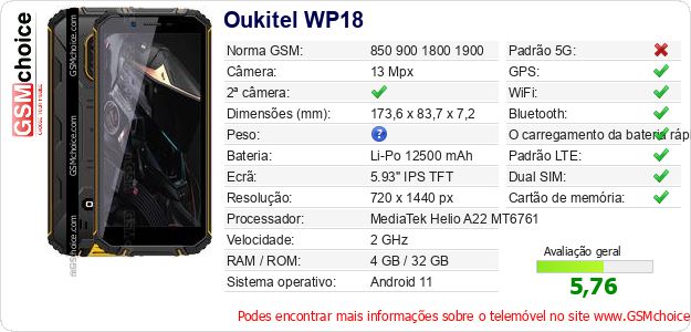 Oukitel WP18 Especificações técnicas do telemóvel Oukitel WP18 Especificações técnicas do telemóvel
