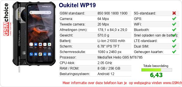 Oukitel WP19 Technische gegevens Oukitel WP19 Technische gegevens