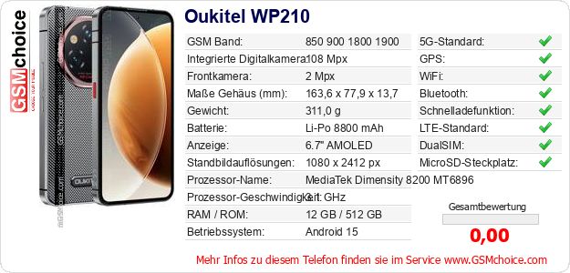 Oukitel WP210 technische Daten Oukitel WP210 technische Daten