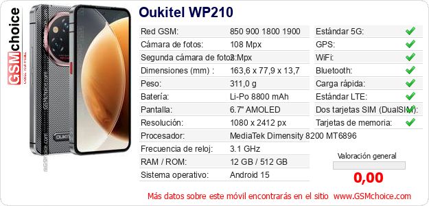 Oukitel WP210 Datos técnicos del móvil Oukitel WP210 Datos técnicos del móvil