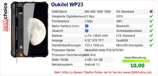 Oukitel WP23 technische Daten Oukitel WP23 technische Daten