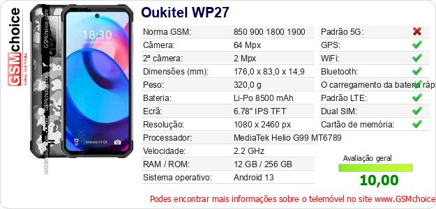Oukitel WP27 Especificações técnicas do telemóvel Oukitel WP27 Especificações técnicas do telemóvel