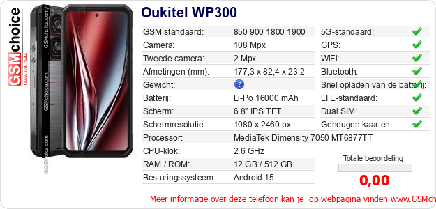 Oukitel WP300 Technische gegevens 