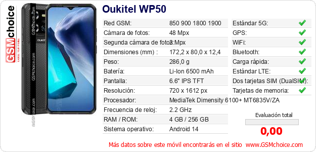 Oukitel WP50 Datos técnicos del móvil 