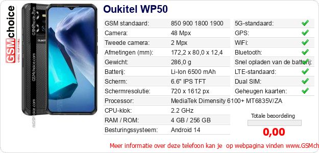 Oukitel WP50 Technische gegevens Oukitel WP50 Technische gegevens