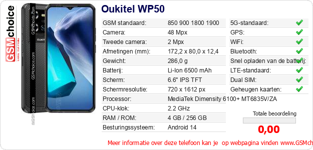 Oukitel WP50 Technische gegevens Oukitel WP50 Technische gegevens