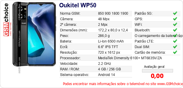 Oukitel WP50 Especificações técnicas do telemóvel 