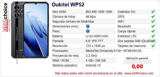 Oukitel WP52 Datos técnicos del móvil Oukitel WP52 Datos técnicos del móvil
