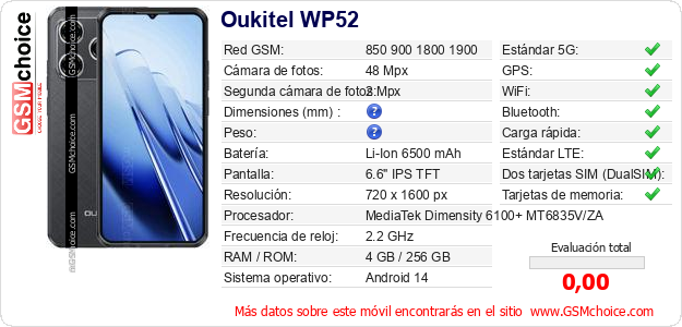 Oukitel WP52 Datos técnicos del móvil Oukitel WP52 Datos técnicos del móvil