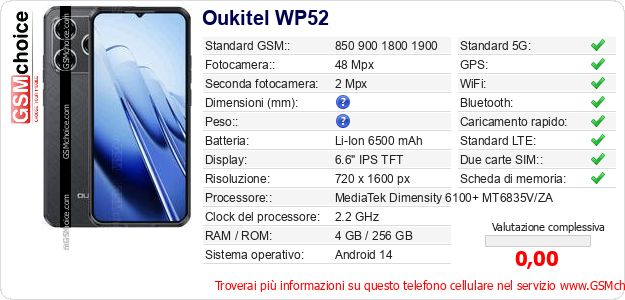 Oukitel WP52 Dati tecnici di telefono cellulare Oukitel WP52 Dati tecnici di telefono cellulare
