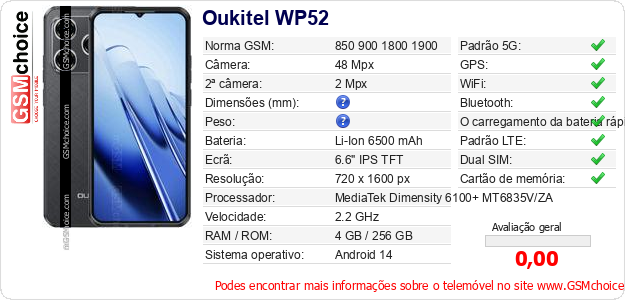 Oukitel WP52 Especificações técnicas do telemóvel Oukitel WP52 Especificações técnicas do telemóvel