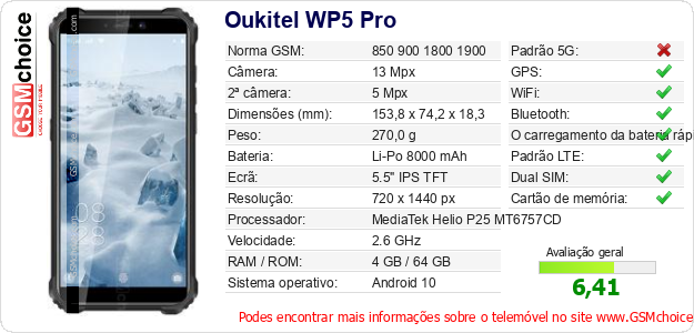 Oukitel WP5 Pro Especificações técnicas do telemóvel Oukitel WP5 Pro Especificações técnicas do telemóvel