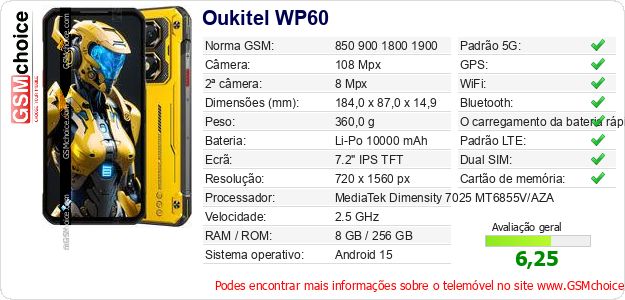 Oukitel WP60 Especificações técnicas do telemóvel Oukitel WP60 Especificações técnicas do telemóvel