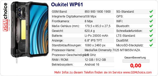 Oukitel WP61 technische Daten Oukitel WP61 technische Daten