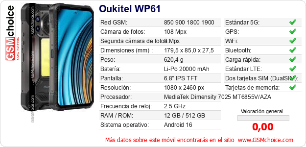 Oukitel WP61 Datos técnicos del móvil 