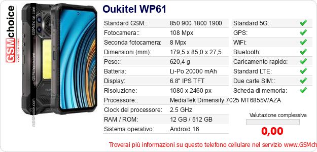 Oukitel WP61 Dati tecnici di telefono cellulare Oukitel WP61 Dati tecnici di telefono cellulare