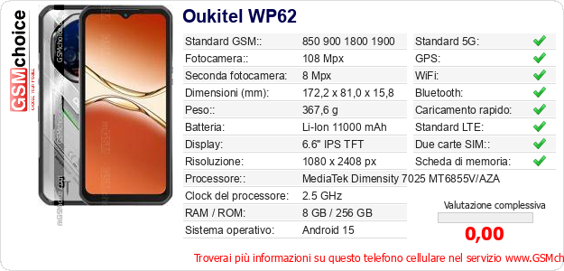 Oukitel WP62 Dati tecnici di telefono cellulare Oukitel WP62 Dati tecnici di telefono cellulare