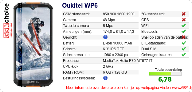 Oukitel WP6 Technische gegevens 