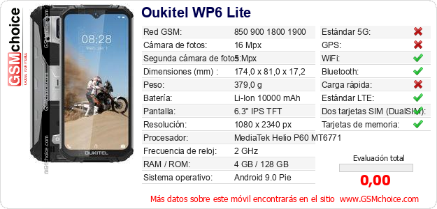 Oukitel WP6 Lite Datos técnicos del móvil 