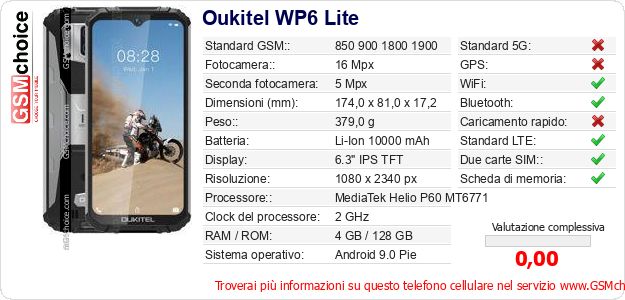 Oukitel WP6 Lite Dati tecnici di telefono cellulare Oukitel WP6 Lite Dati tecnici di telefono cellulare