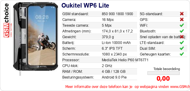 Oukitel WP6 Lite Technische gegevens 